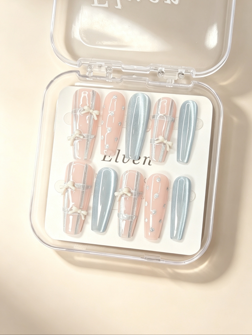 Cute Pink and Blue Cat Eye Handmade Press On Nails With Ribbon Long Coffin